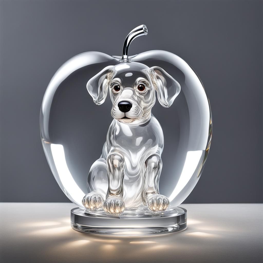 Glass Puppy Inside Glass Apple Sculpture