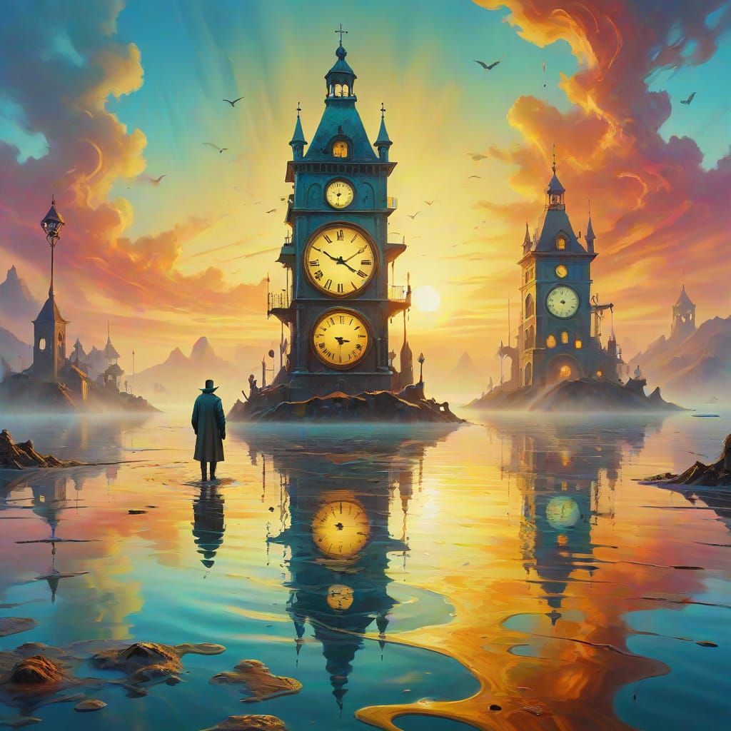 Surreal Lagoon Scene with Melting Clock Towers