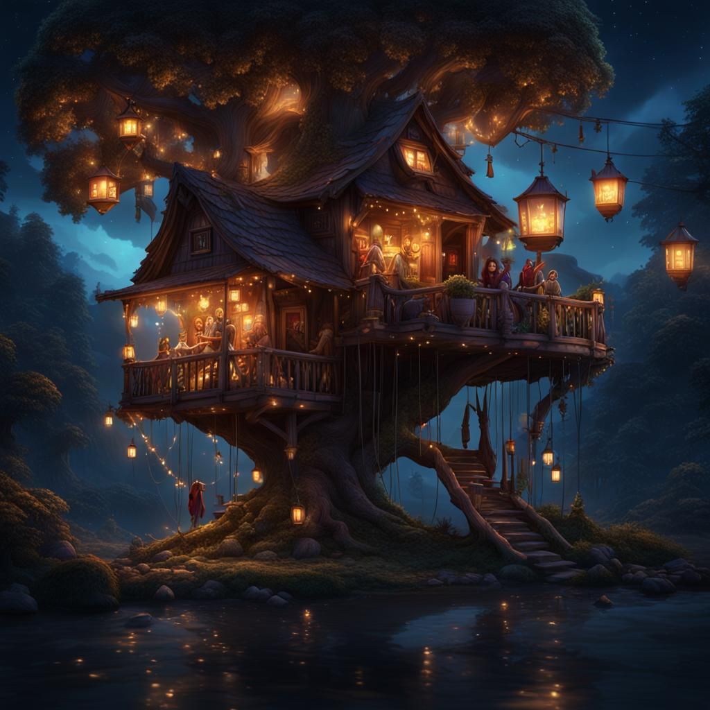 Nighttime Treehouse Gathering Under Lamplight