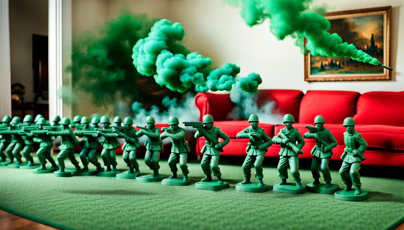 Toy Soldiers Advance on Red Couch as Oil Painting