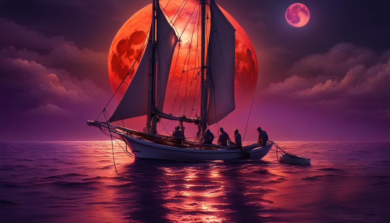 Fishermen Under Red Moon: Hyper-Realistic Digital Art