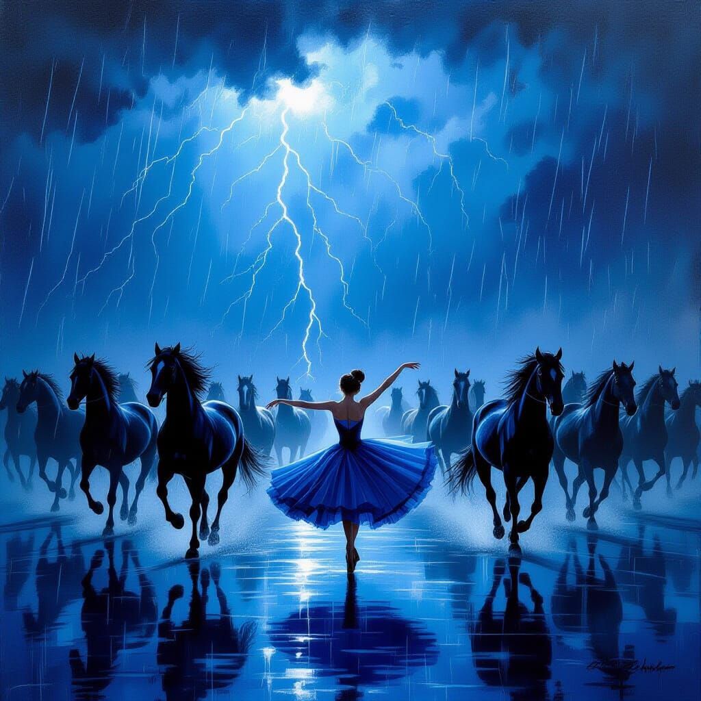 Horses and Ballerina in Midnight Storm Oil Painting