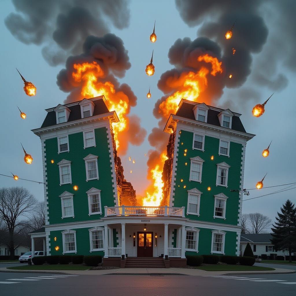 A green and white hotel, split in two, both halves looking c...