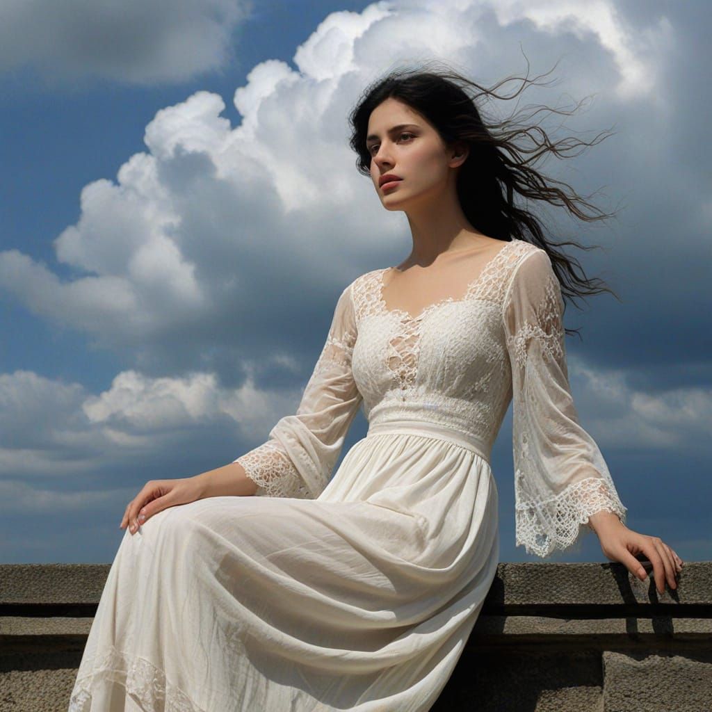 A Dreamy Woman Lost in Thought Amidst Ethereal Clouds