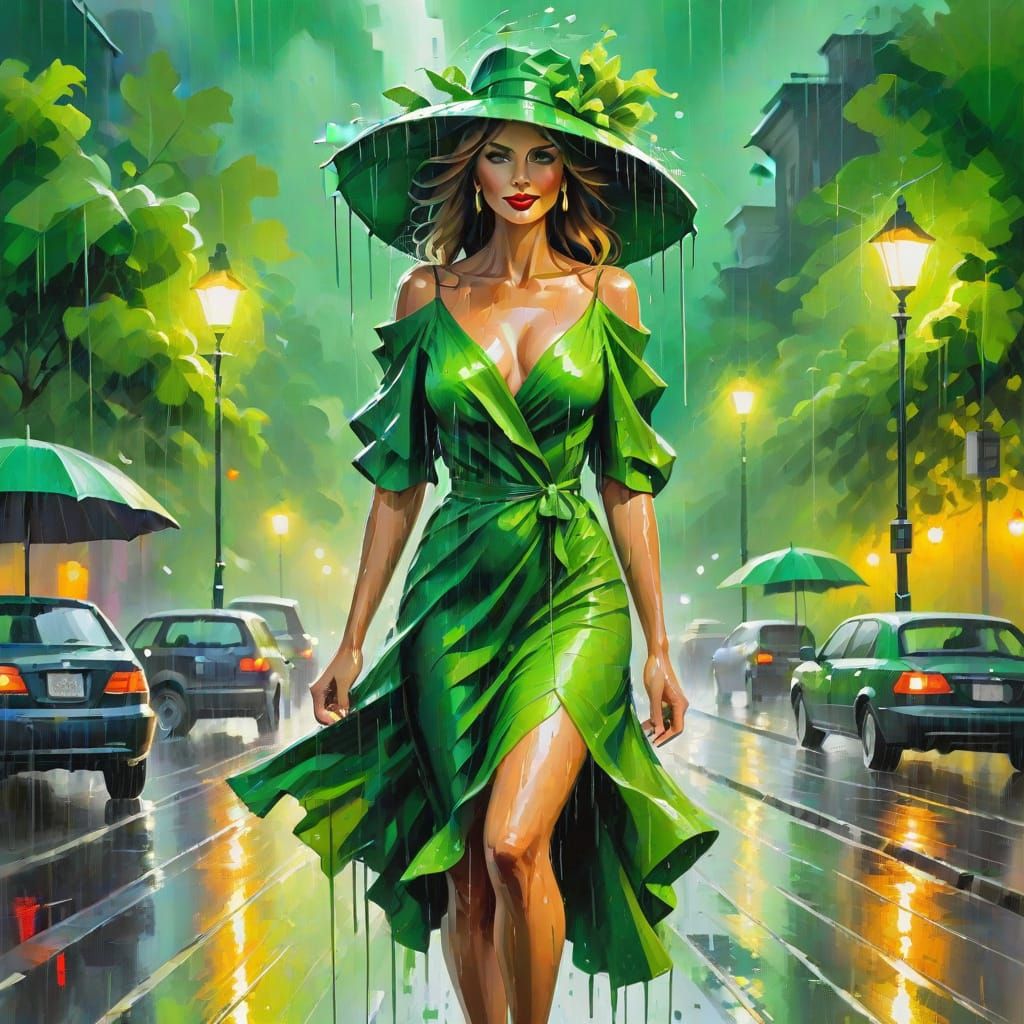 Striking Woman in Green Dress in Rainy City