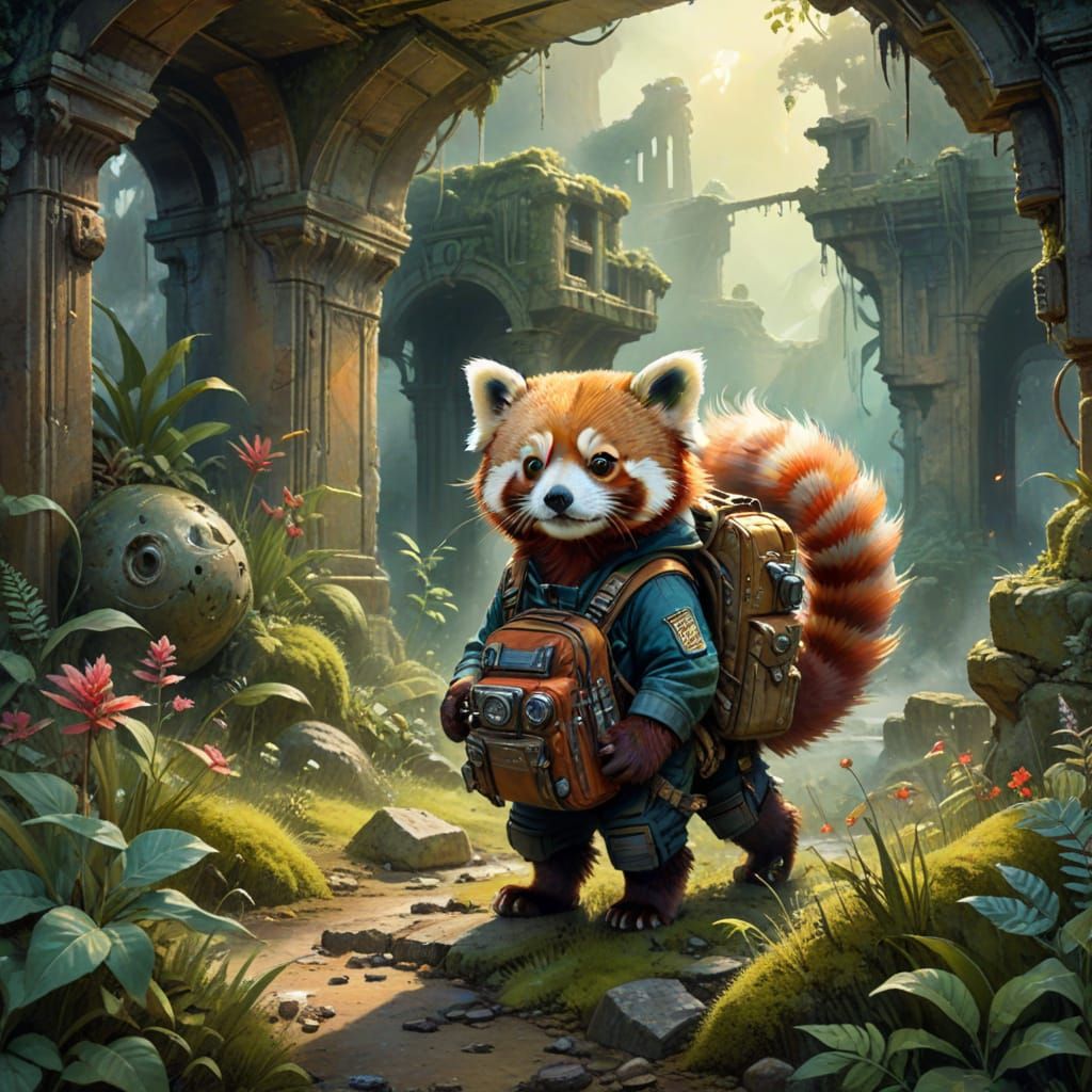 Red Panda Explorer on Alien Planet in Watercolor Style