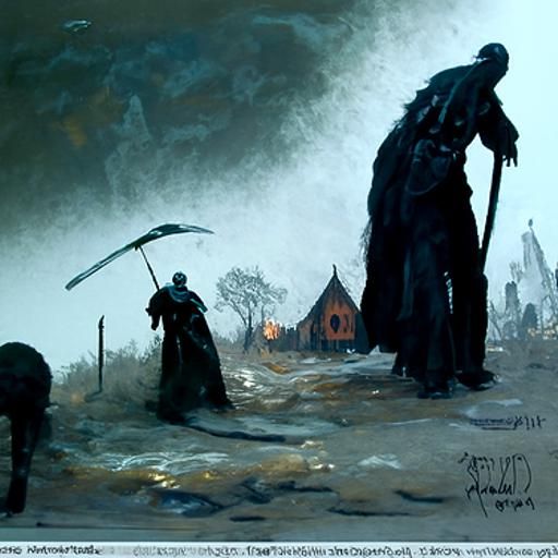 Grim Reaper Stalks Village: Horror Art