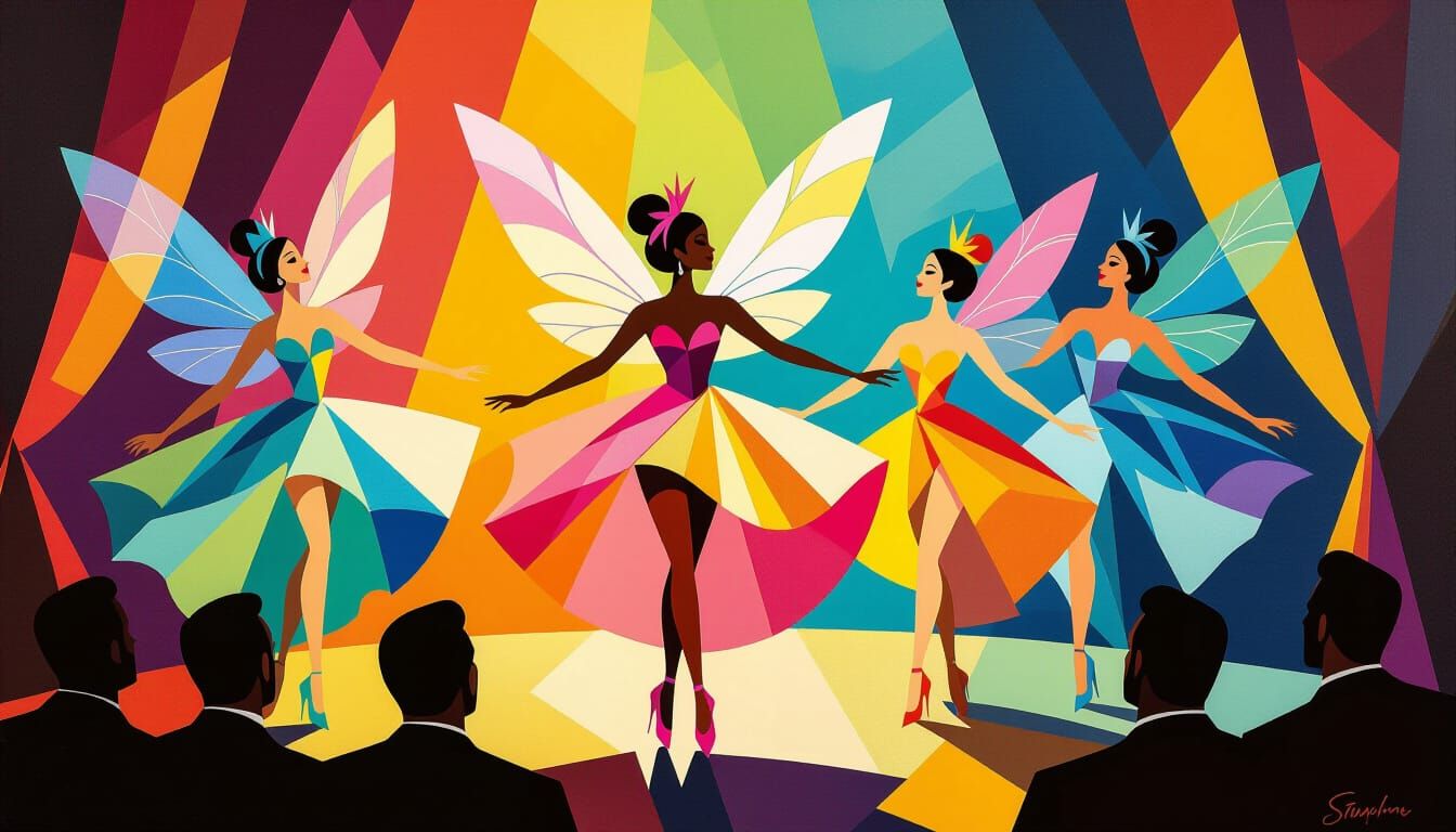 Fairy Showgirls Dancing in Vibrant Cubism Style