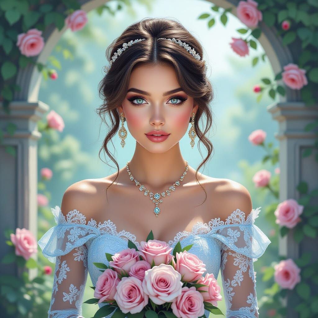 Russian Woman with Roses: Neo-Impressionist Portrait