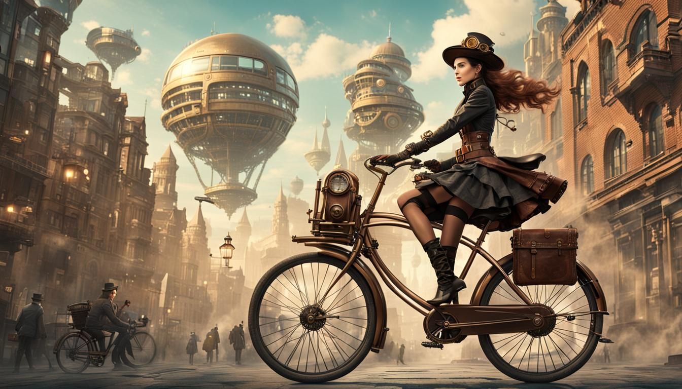 Steampunk Woman Rides Bicycle in Futuristic City