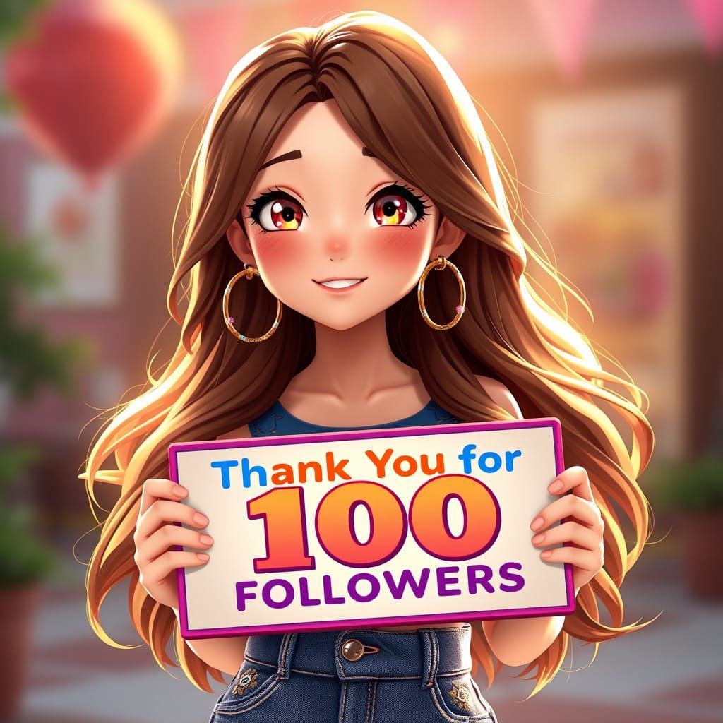 Grateful Anime Girl Celebrates 100 Followers in Vibrant 3D A...