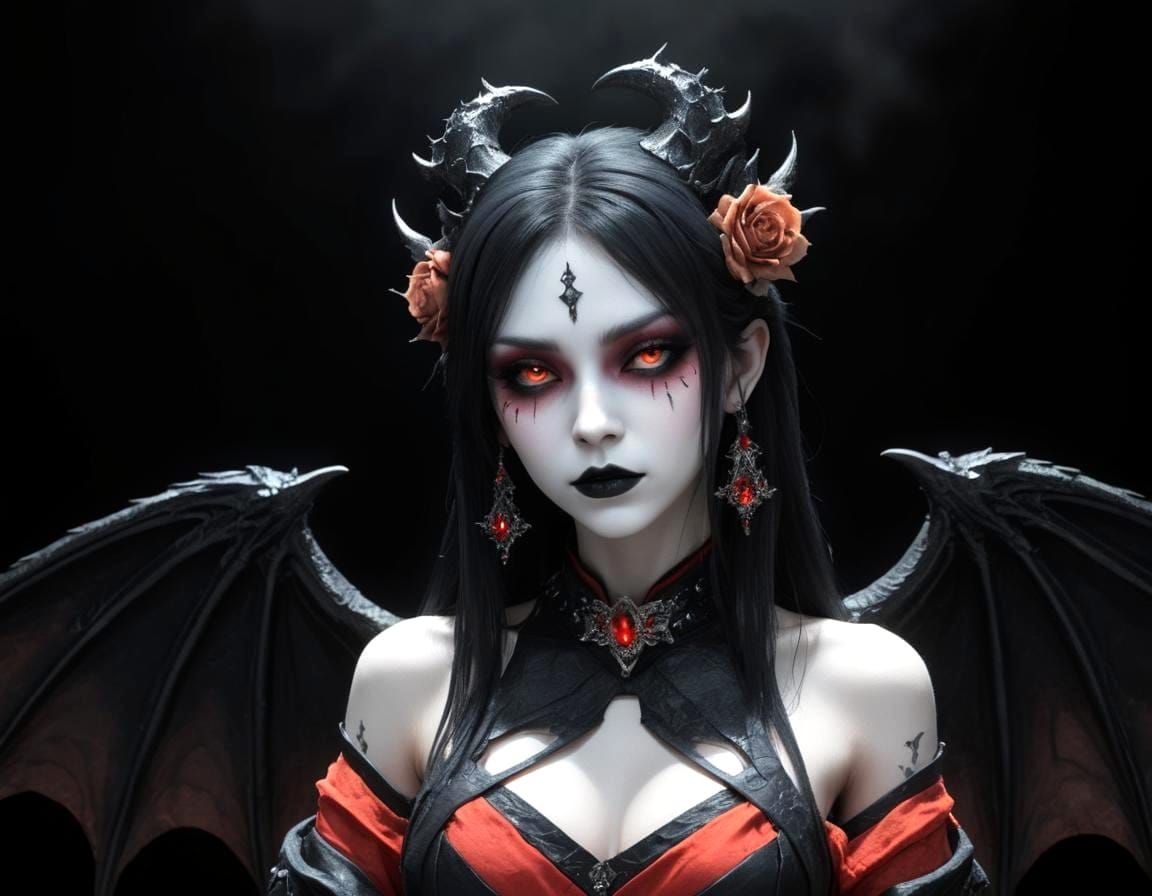 Eerie Dark Goddess in Triadic Hues, with Flirty Vampire Acce...