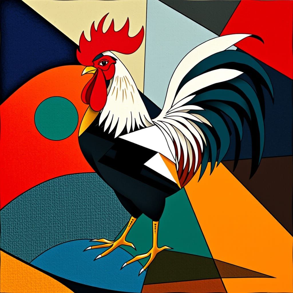 Modernist Rooster in Vibrant Cubist Style