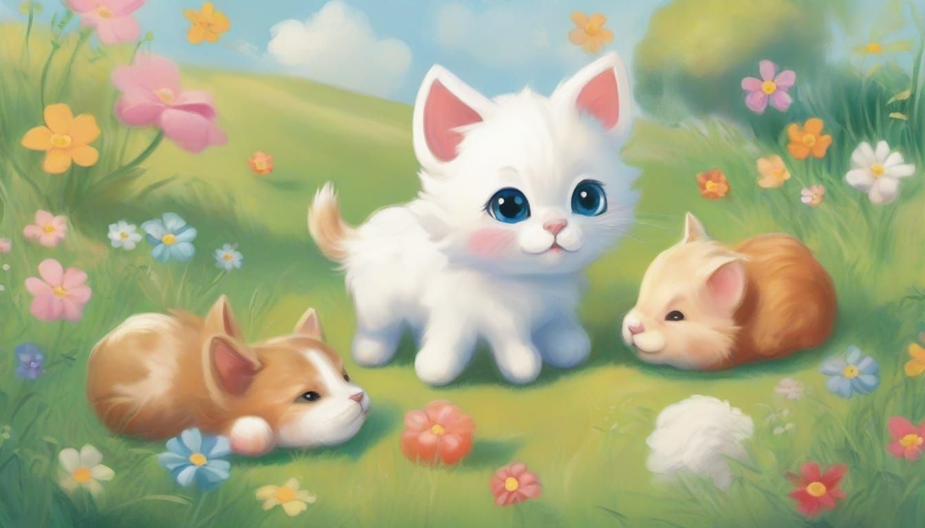 Whimsical Gouache Illustration of Playful Kittens and Puppie...