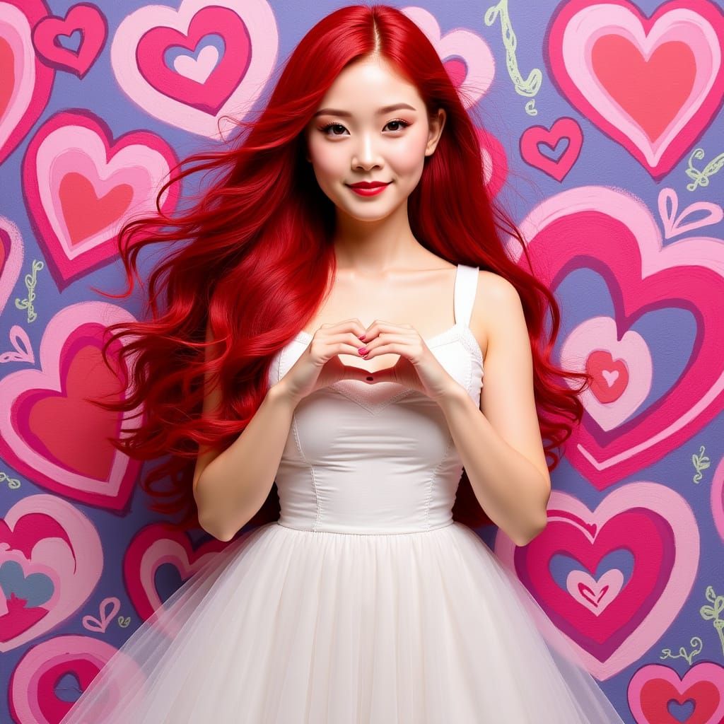 Woman with Red Hair Forming Heart, Photorealistic Style