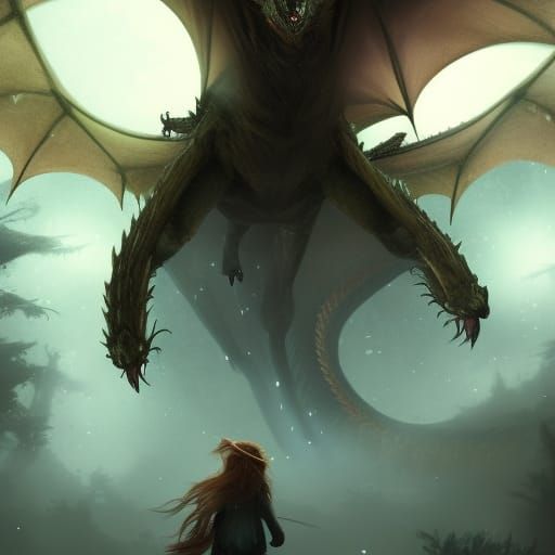 Dragon Chase: Dark Fantasy Art in Art Nouveau Style