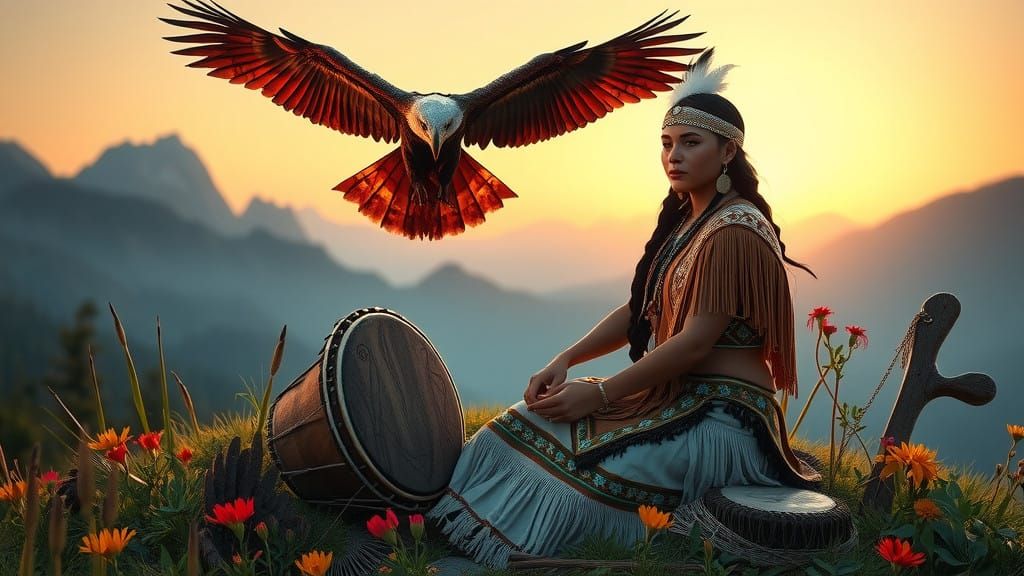 Serene Native American Woman in Majestic Mountain Setting