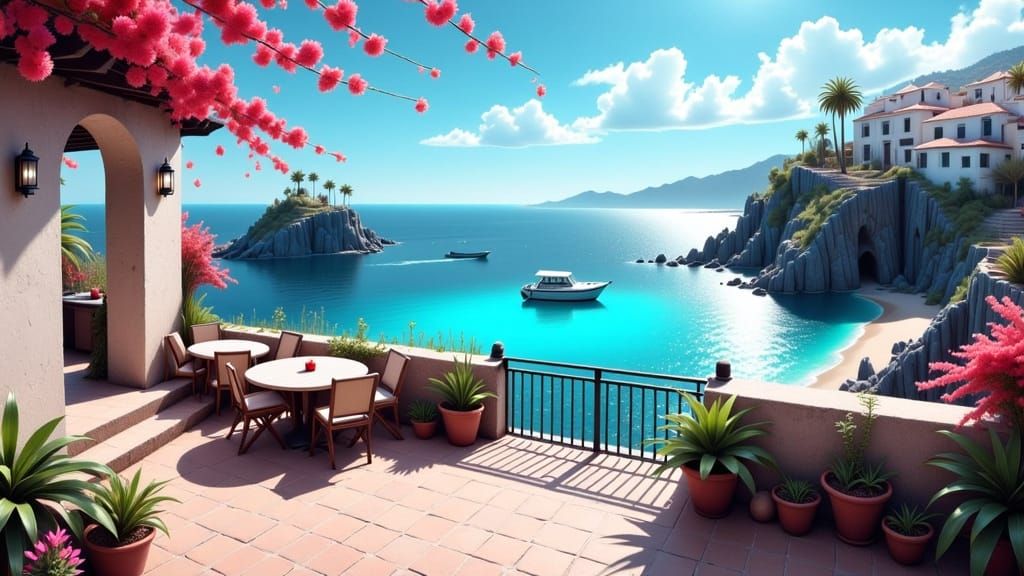 Mediterranean Terrace with Bougainvillea and Sea View in Wat...