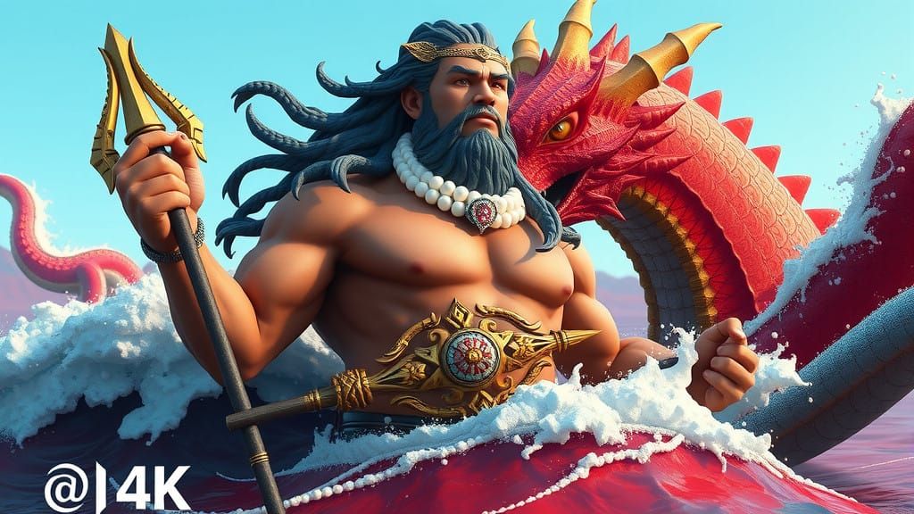 Majestic Carthaginian Sea God in Turbulent Ocean Landscape