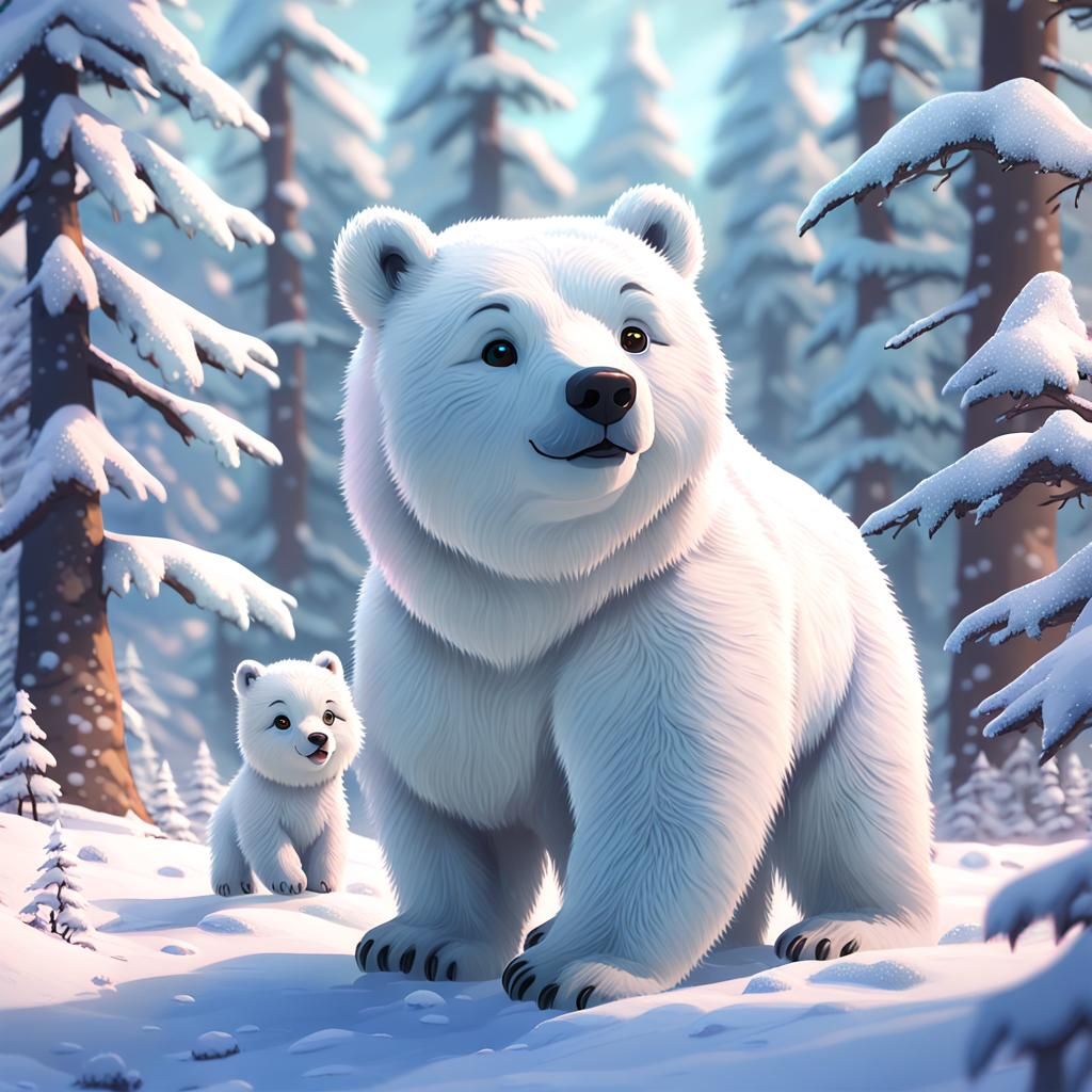 Playful Snow Bear Cub in Snowy Forest: 3D Anime Art