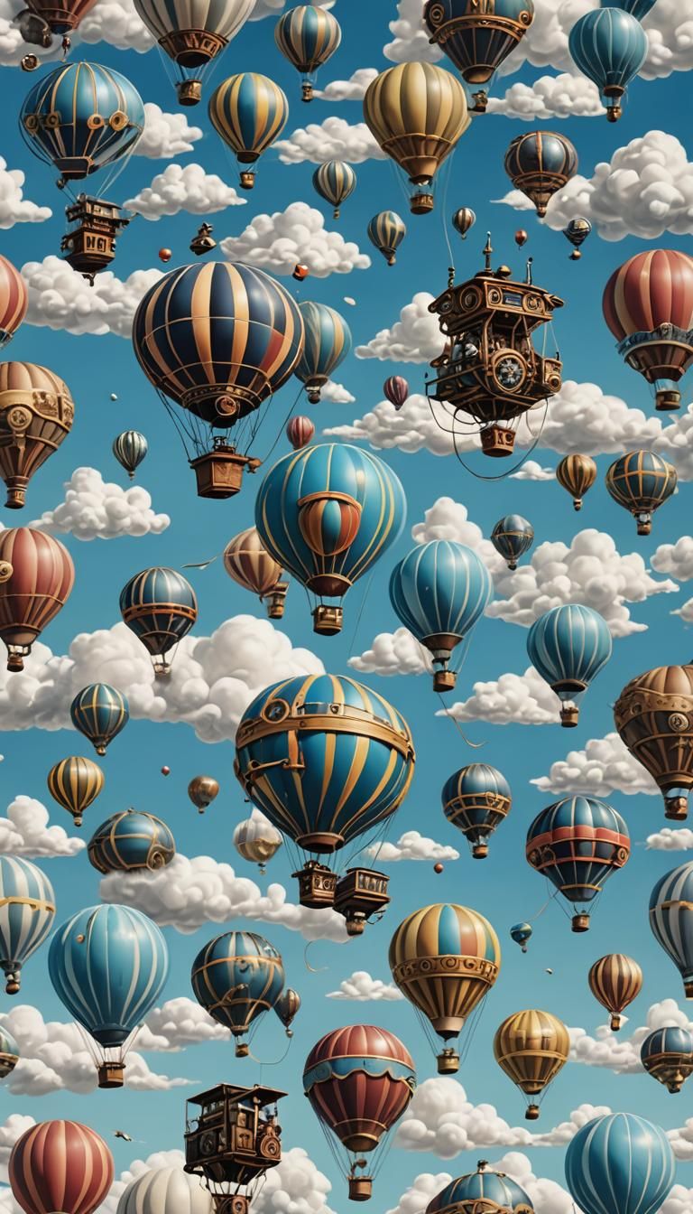 Colorful Balloons in Azure Sky with Steampunk Engine