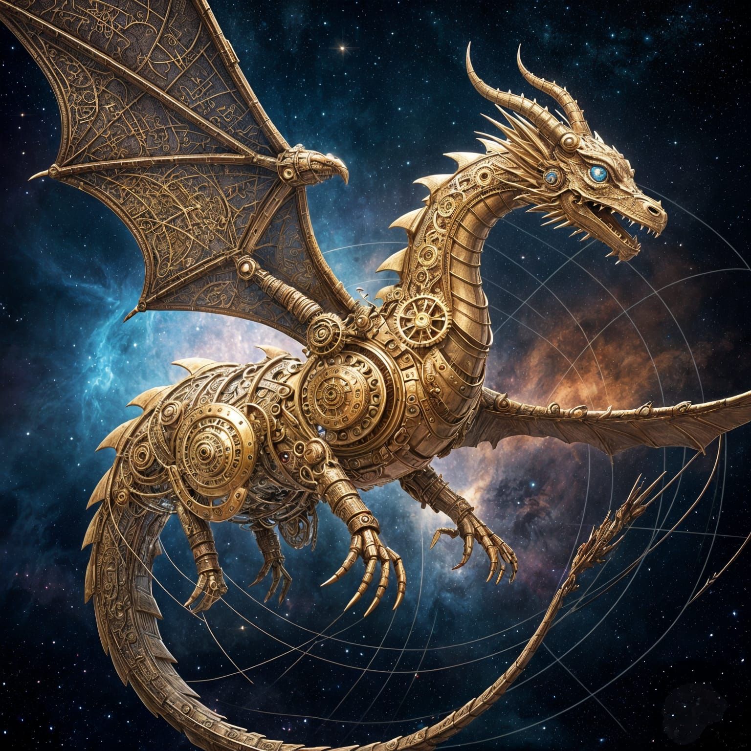 Clockwork Dragon Soars Through Nebula in Magical Realism
