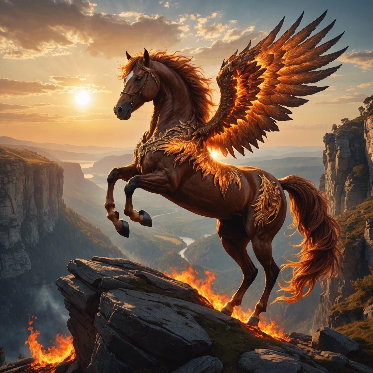 Elegant Fire Horse Rearing on Cliff