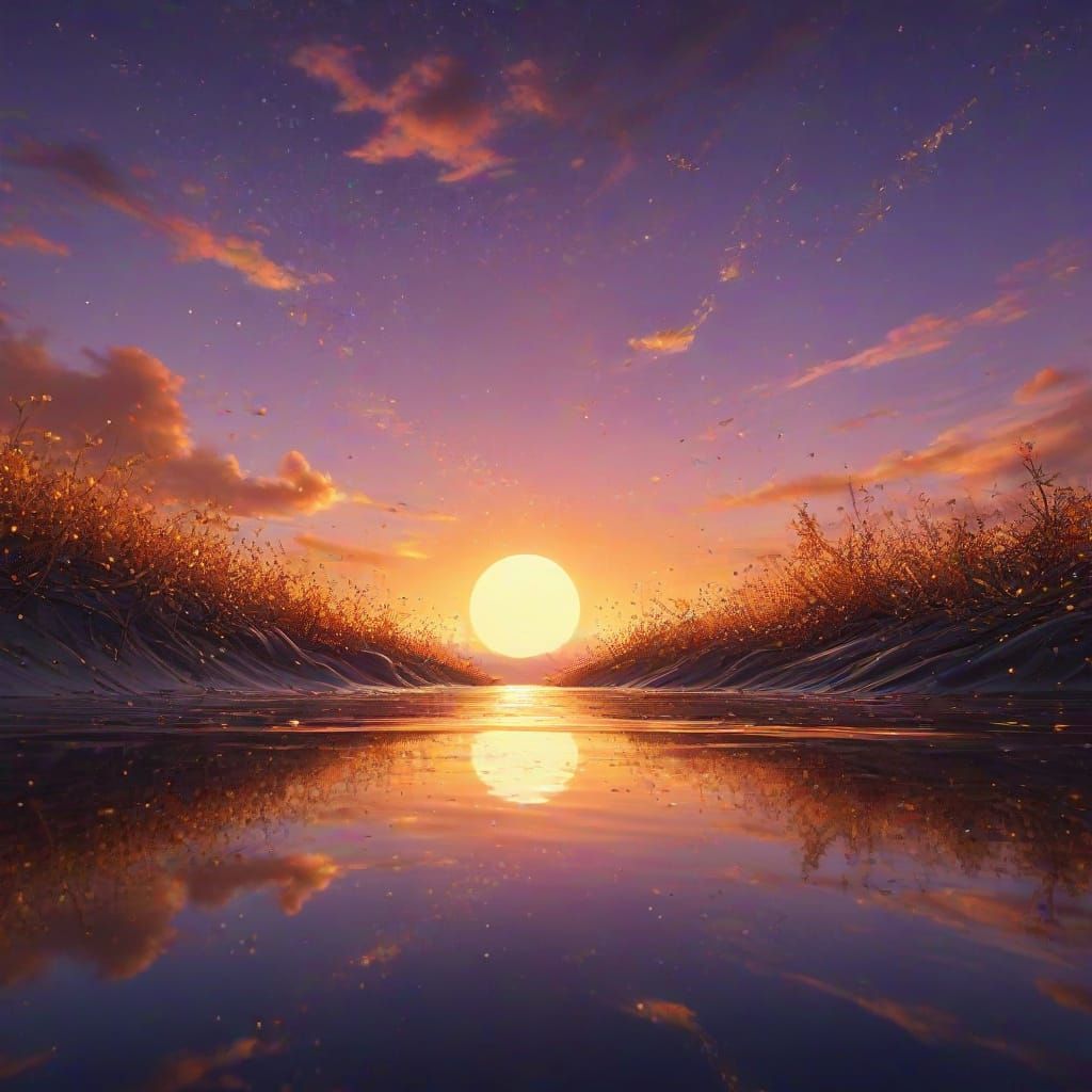 Golden Sunset Masterpiece in Whimsical Oil Painting Style