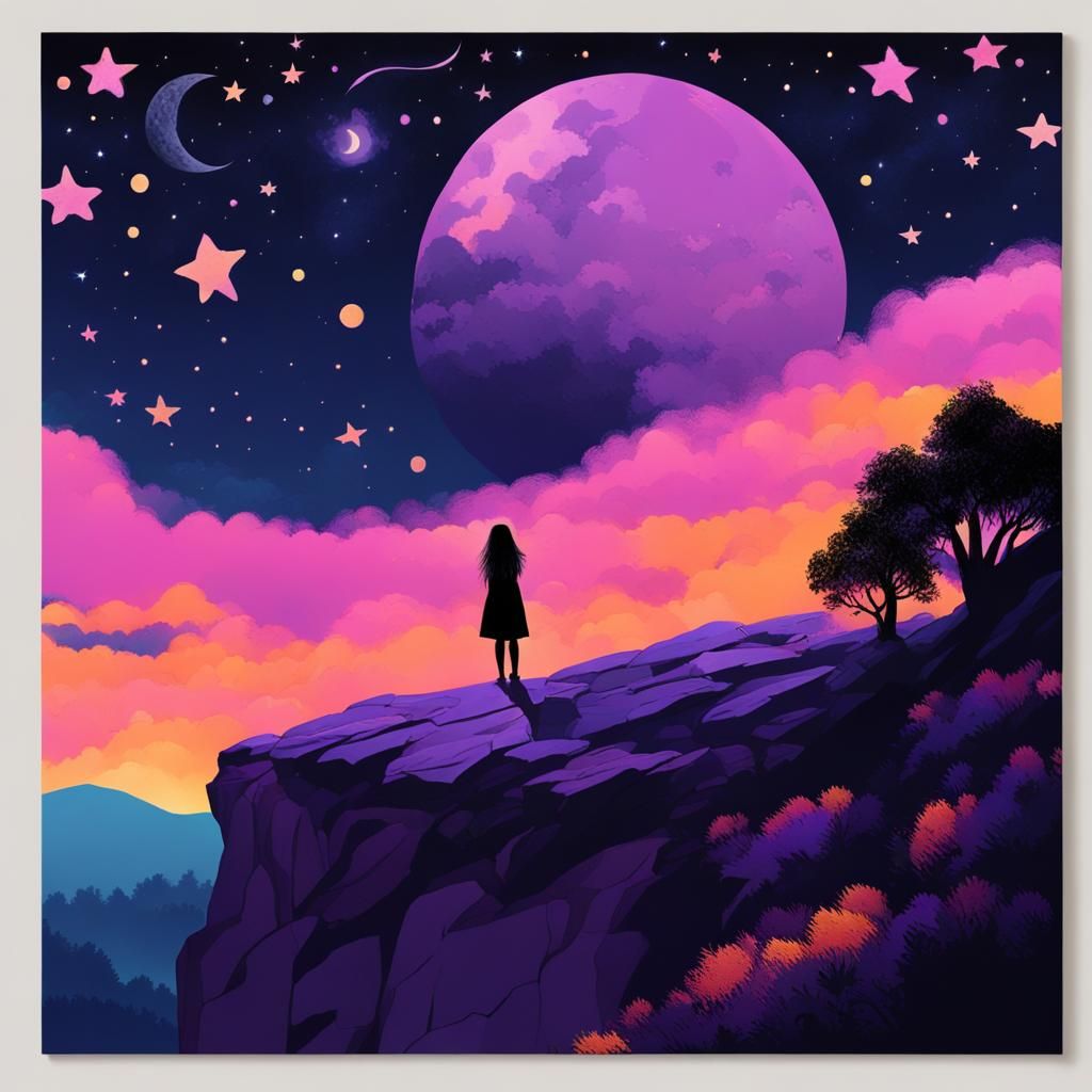 Girl at Cliff Edge in Neo-Impressionist Style