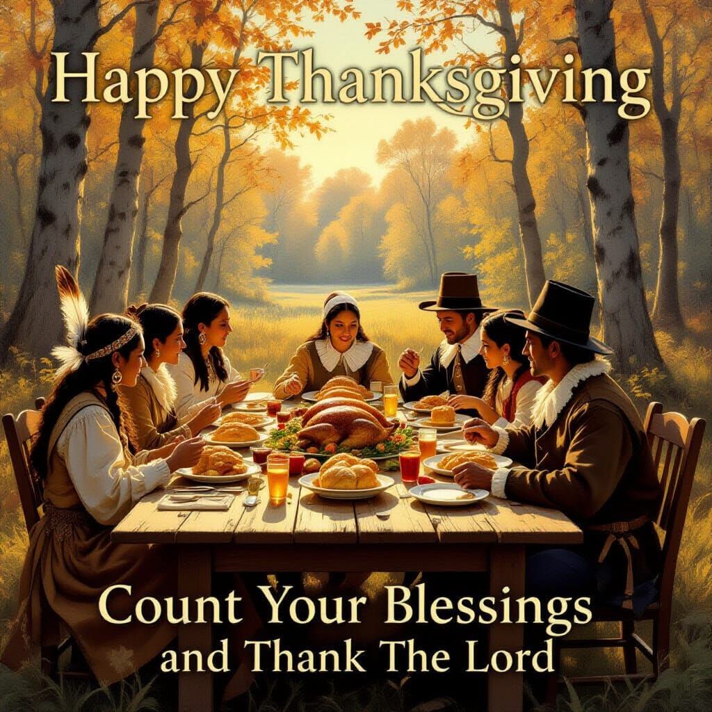 Thanksgiving Feast in Woods: Natives and Pilgrims Share Meal