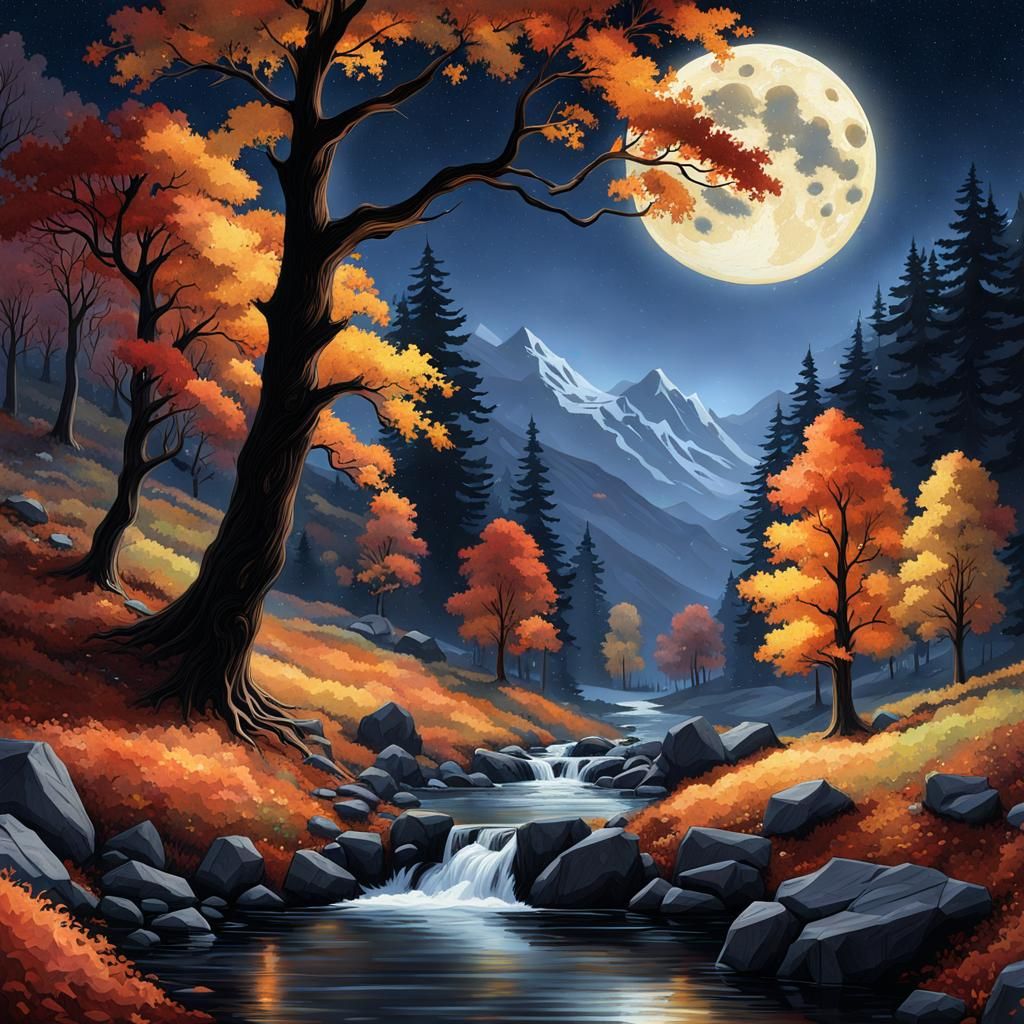 Autumnal Lake Landscape in Digital Watercolor Style