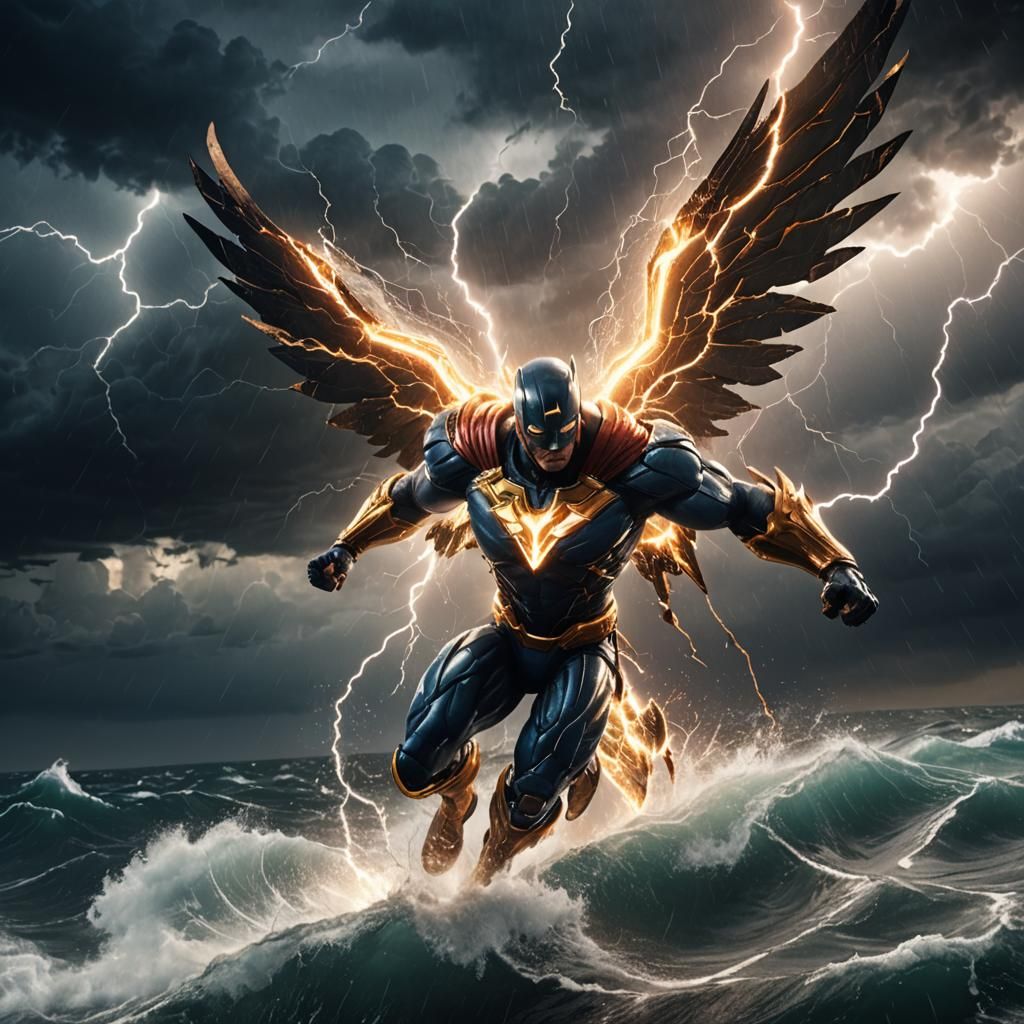 Superhero with Glowing Wings Over Stormy Ocean