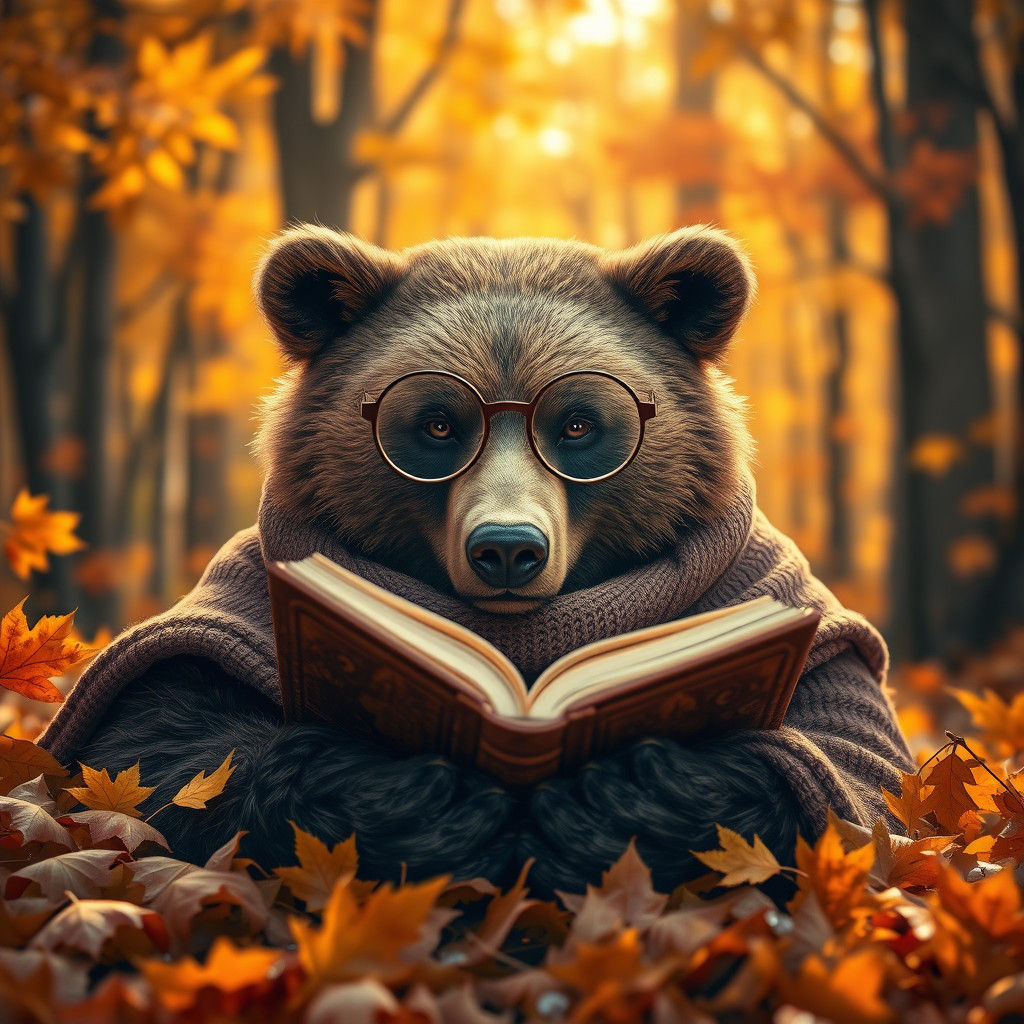Bear Reading Book in Autumn Forest, Digital Photo