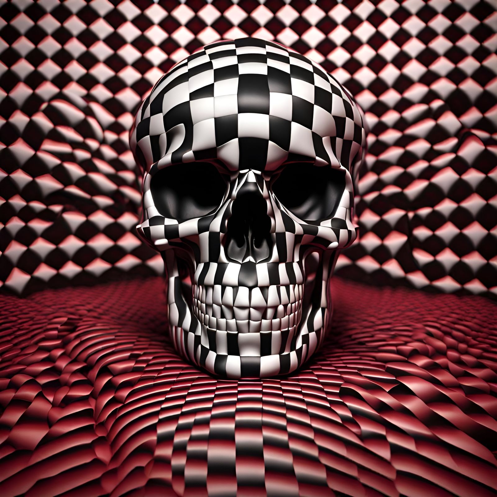 Optical Art Skull in Crimson and Black