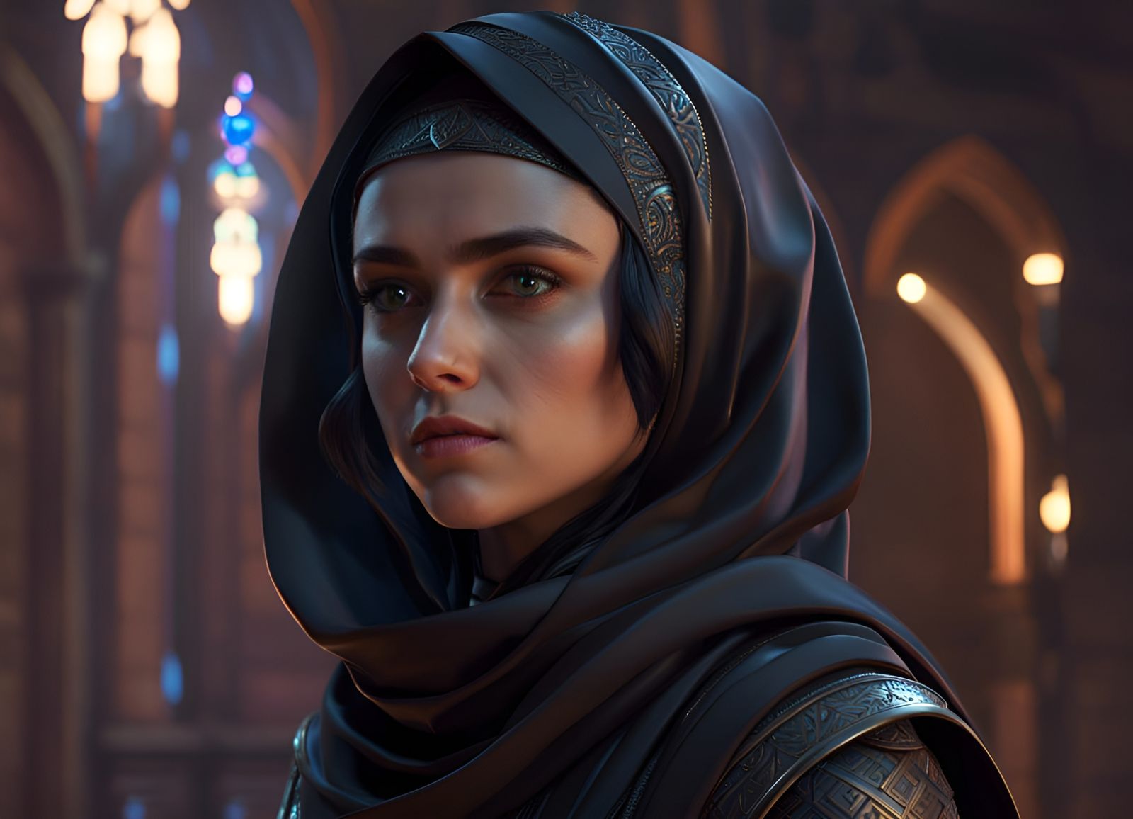 Cyberpunk Hijabi Girl in Middle Eastern Castle