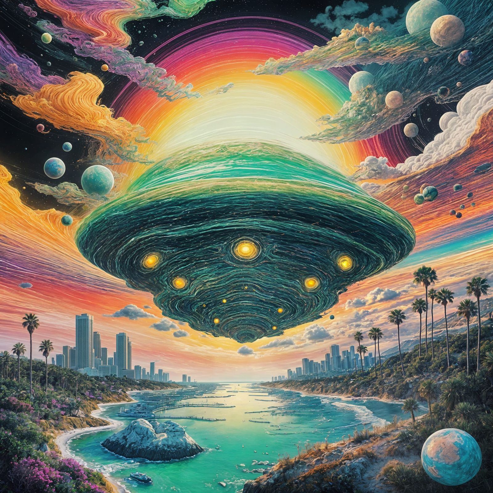 Surreal Melted Reality with UFOs in Watercolor Style