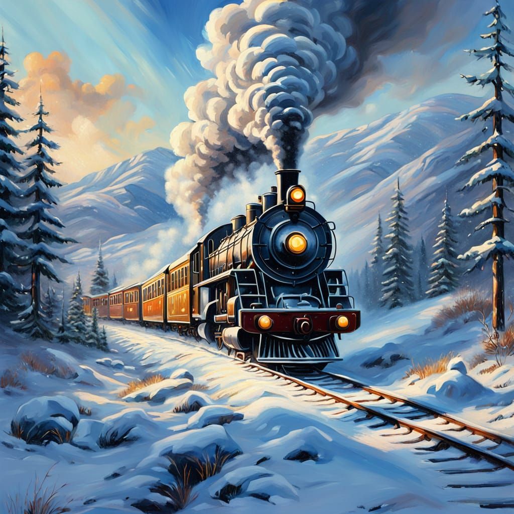 Vibrant Oil Painting of Steam Train in Snowy Landscape