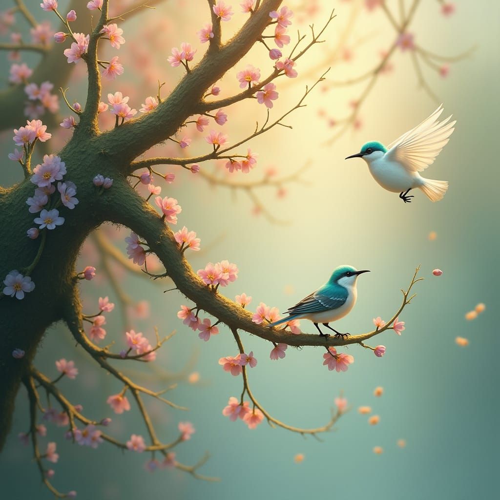 Dreamy Fantasy Scene with Vine and Bird, Ethereal Style
