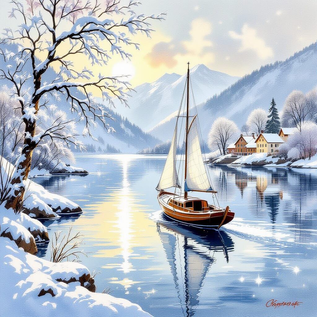 Winter Lake Scene with Sailing Boat and Frosted Trees