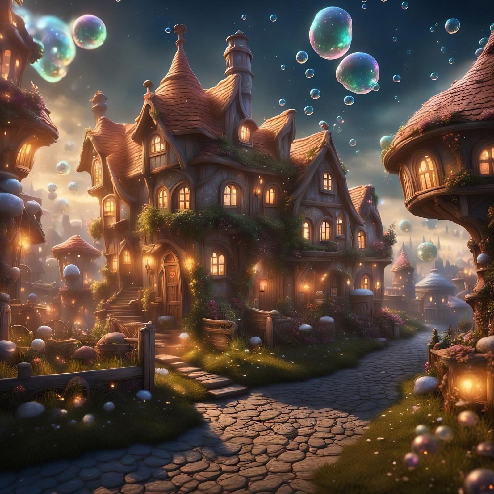 Fantastical Fairy Town with Bubbles in Matte Painting