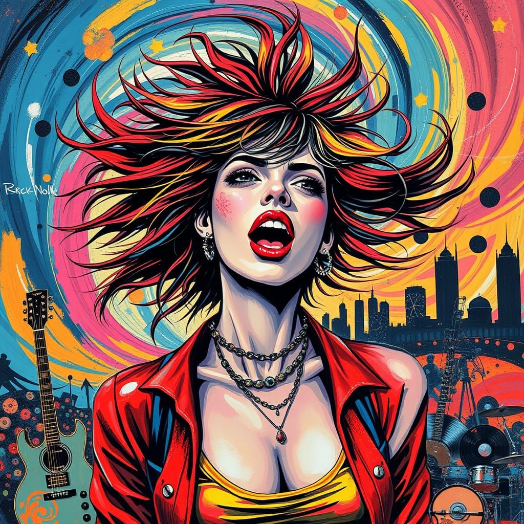 Vibrant Rock Goddess in Psychedelic Cityscape