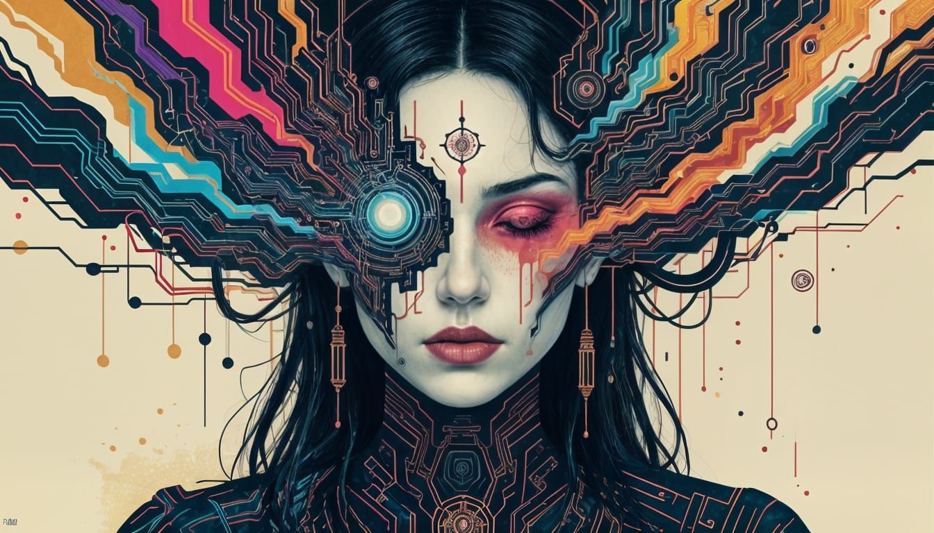 Cyberpunk Shaman Portrait Dissolving in Neon Colors