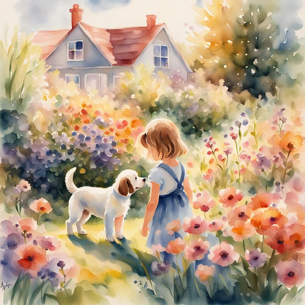 Girl and Puppy in Garden as Watercolor Painting