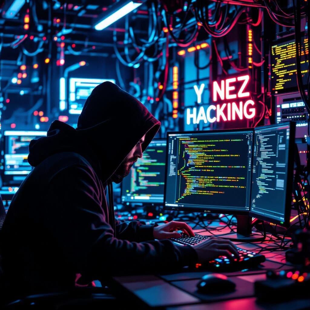 Hacker in Dim Room with Glowing Computer Screen