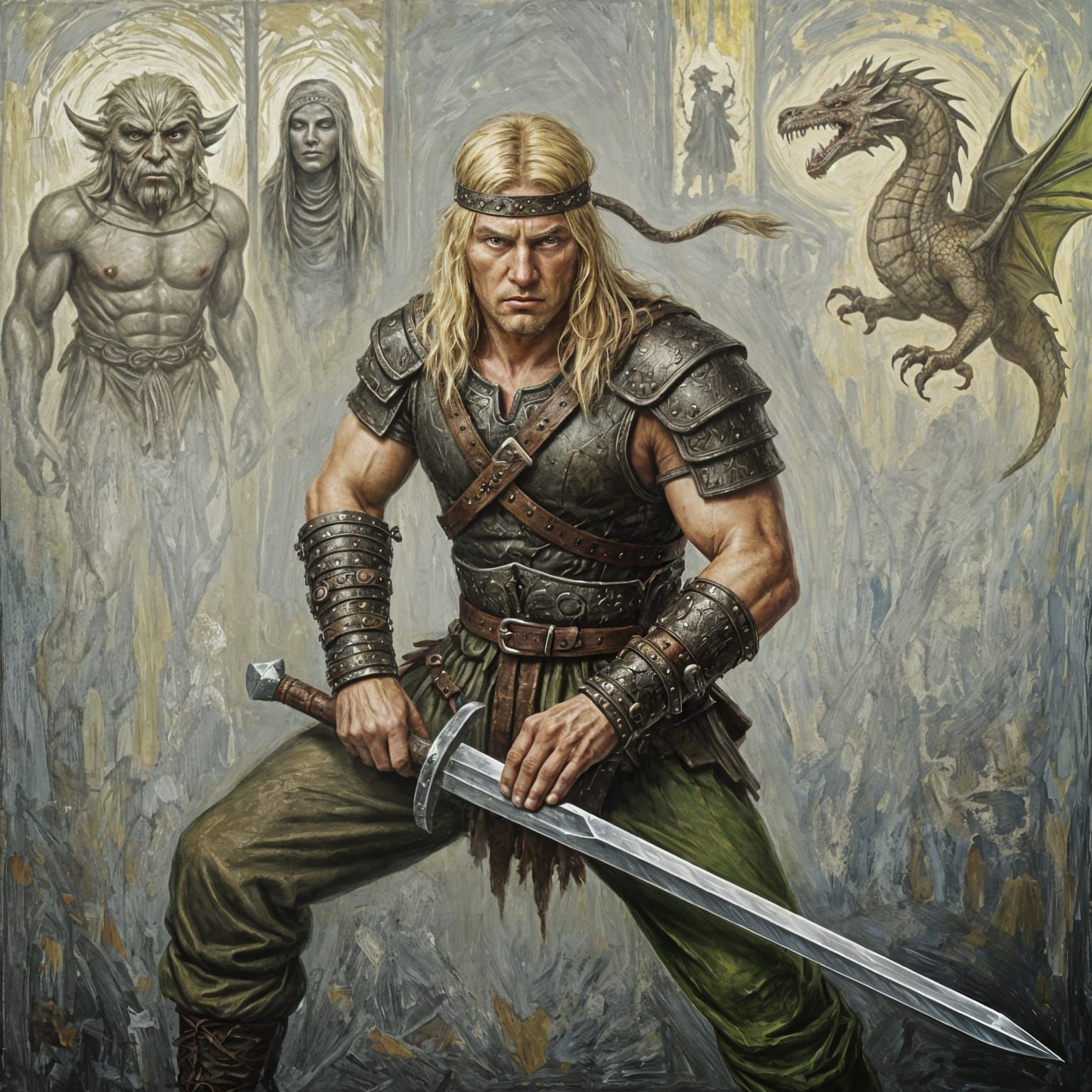 Germanic Warrior with Visions, Expressionist Oil Painting