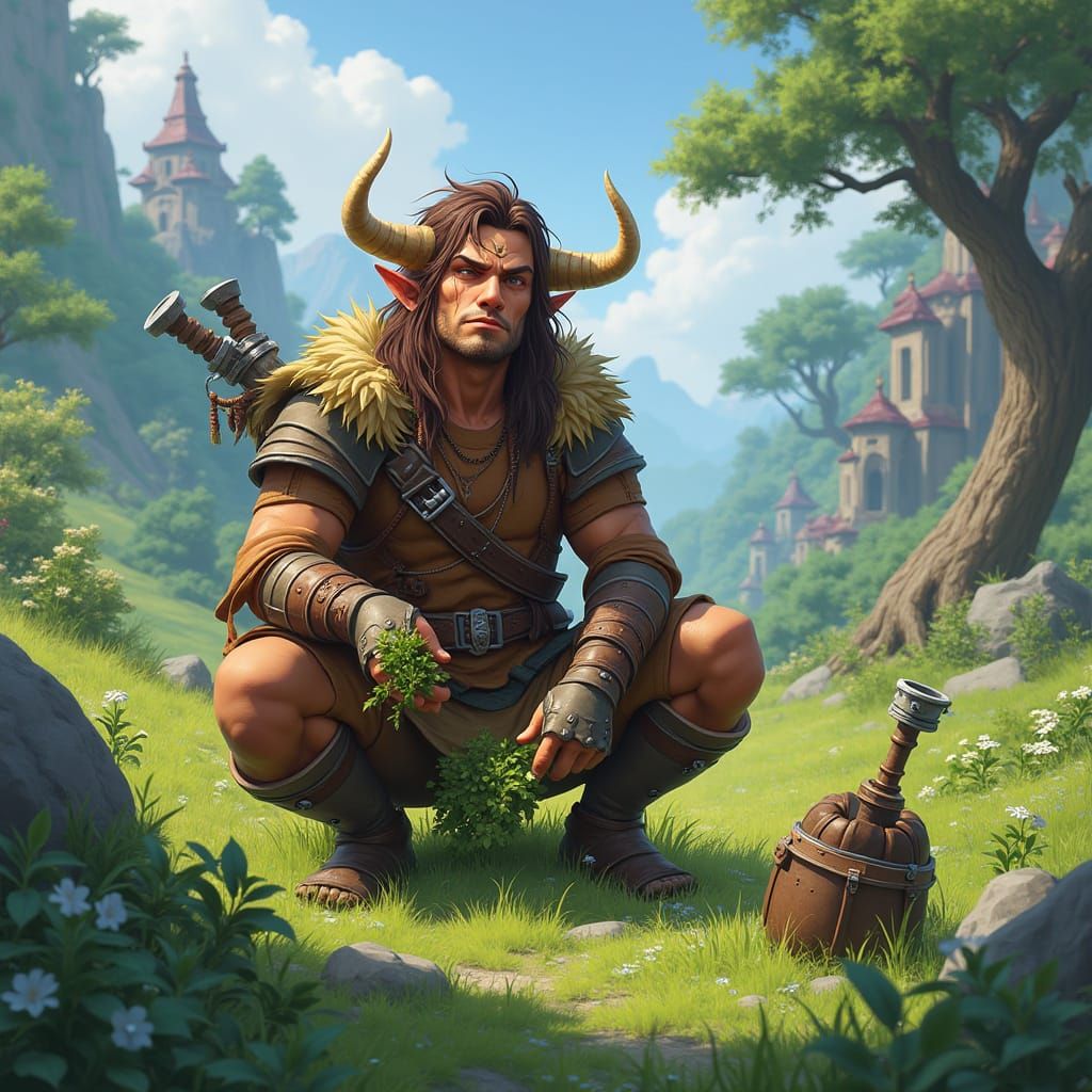 Tauren Boy in Lush Meadow, Gathered Herbs and Warrior Gear