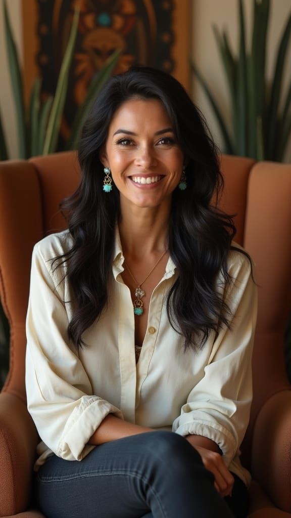 Contemporary Navajo Woman in Earth-Toned Armchair