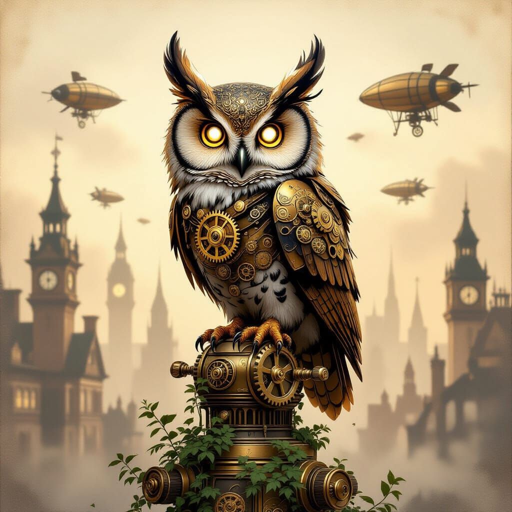 Steampunk Owl on Victorian Automaton, Fantasy Art Style