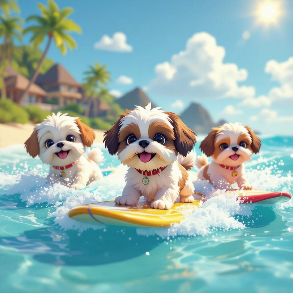 Shih Tzus Surfing in Hawaii: A Playful 3D Render