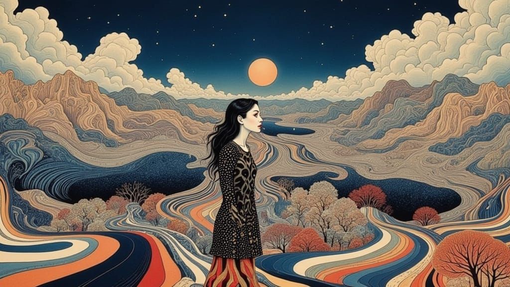 Op-Art Nomad Wanders Desert Horizon in Ethereal Waves